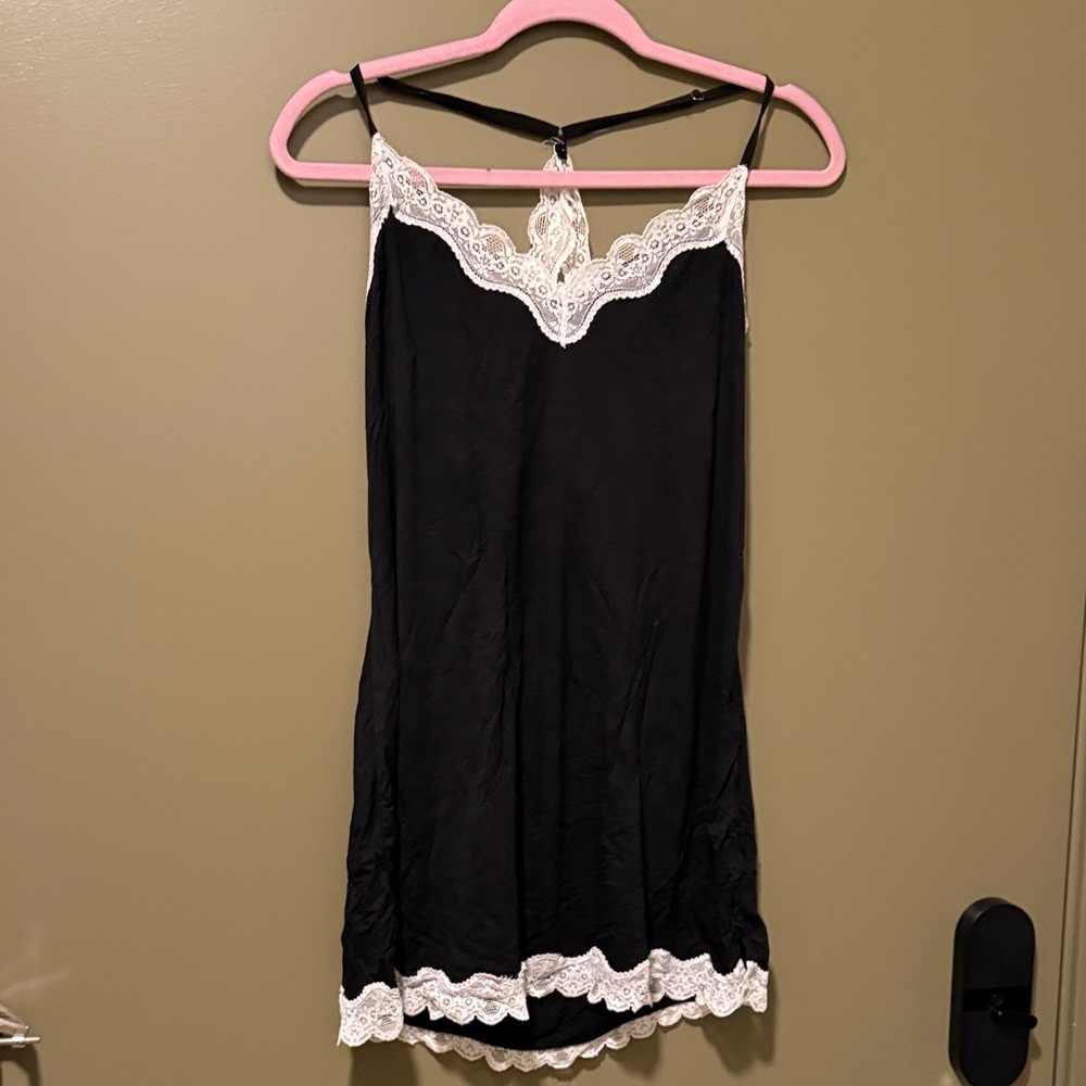 Chic Black Chemise with White Lace Trim